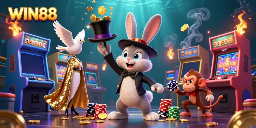 Experience the excitement of WIN88 with a magician rabbit pulling golden coins amidst vibrant slot game elements.