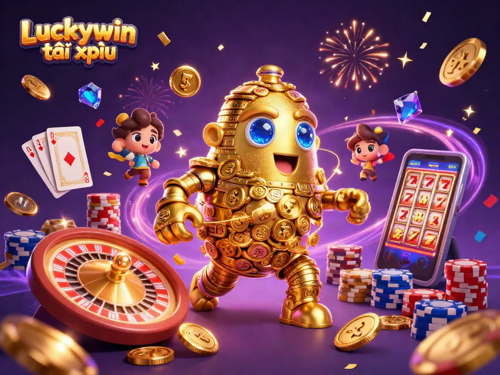 Experience the excitement of Luckywin tài xỉu with a playful golden golem and tantalizing casino elements.
