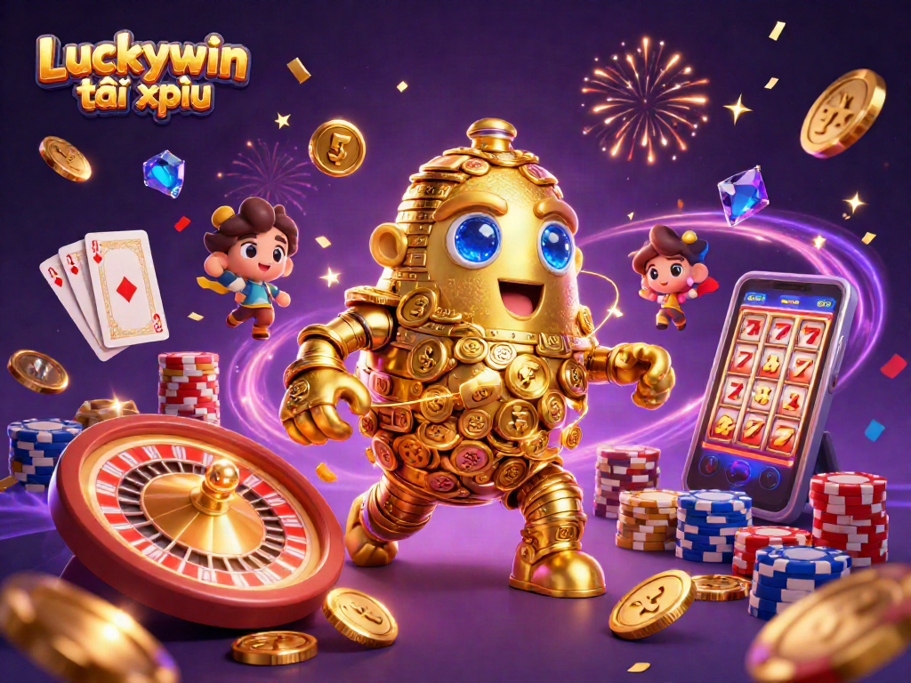 Experience the excitement of Luckywin tài xỉu with a playful golden golem and tantalizing casino elements.