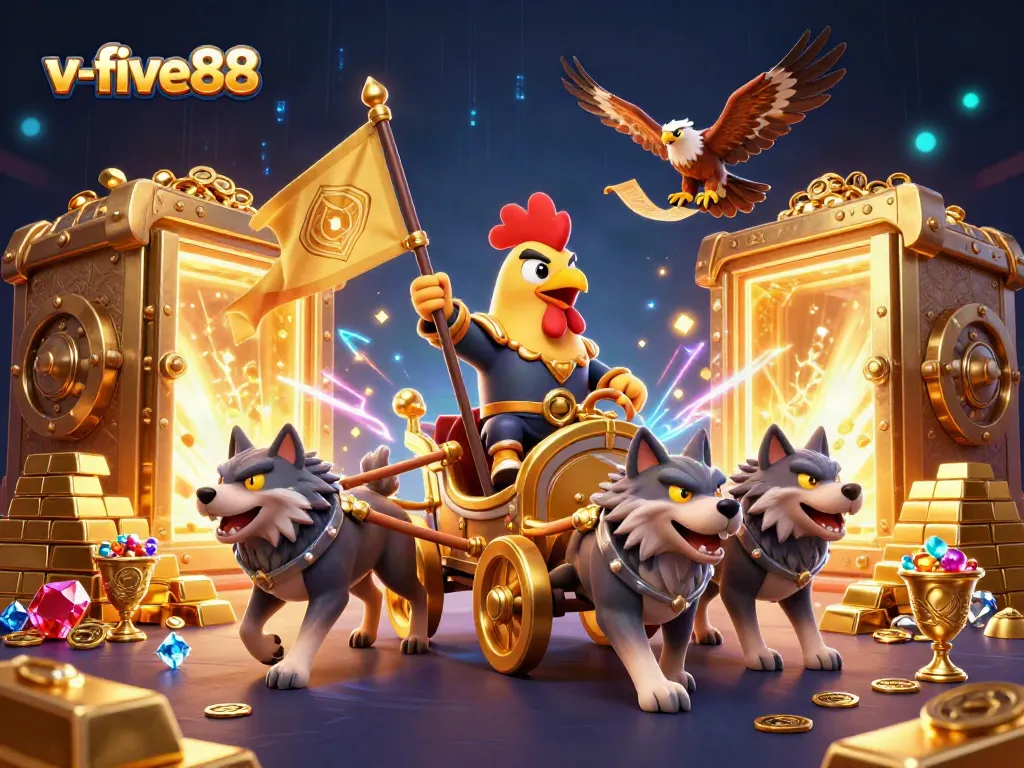Engage with v-five88's thrilling casino experience featuring a golden war chariot and treasure elements.