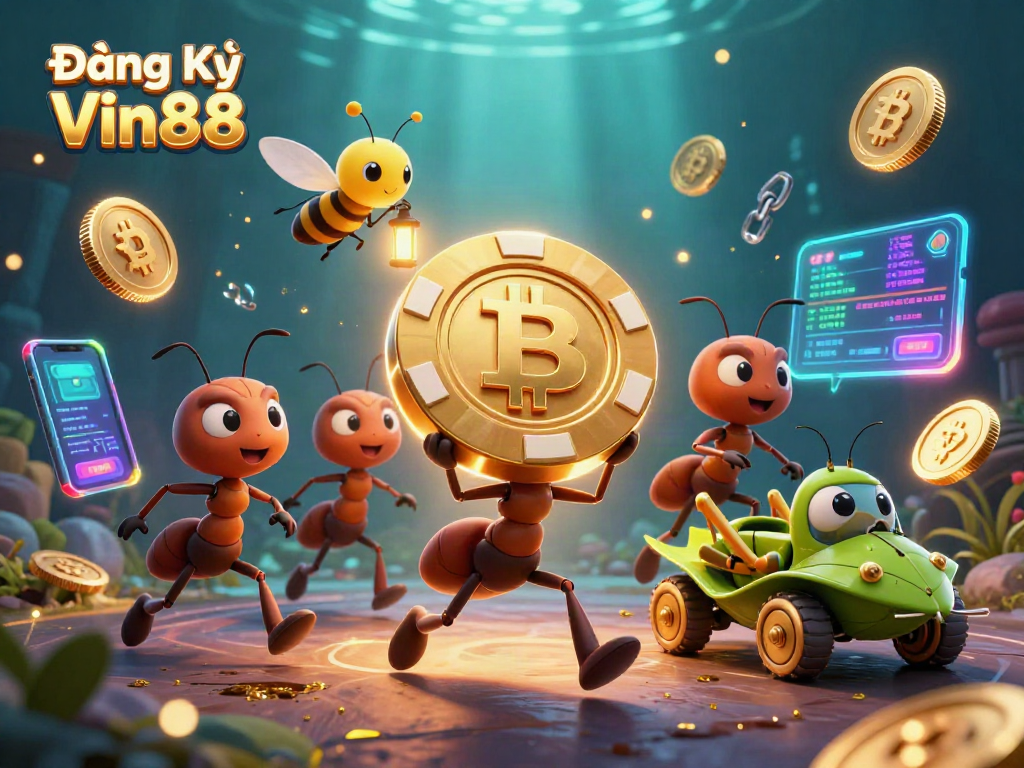 Engage in Đăng Ký Vin88 with vibrant casino characters carrying a golden chip.
