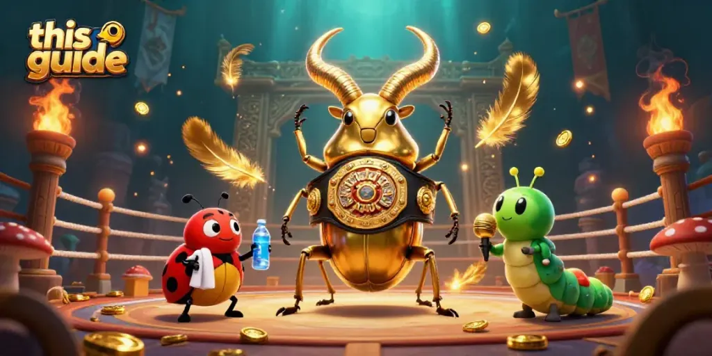 This guide showcases a unique 3D illustration of a giant golden stag beetle as a boxing champion, set in a dynamic casino-themed arena.