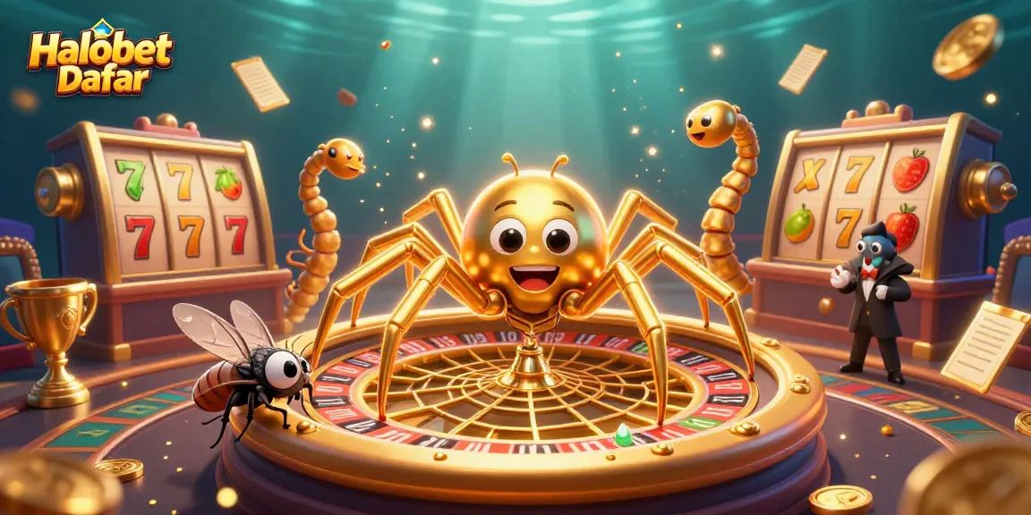 Engaging scene of Halobet Daftar with a golden spider and centipede at a roulette wheel