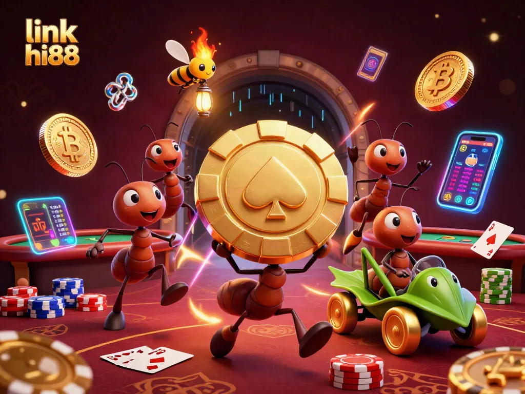 Experience the thrill of gaming with link hi88 as playful ants escape with a golden poker chip.