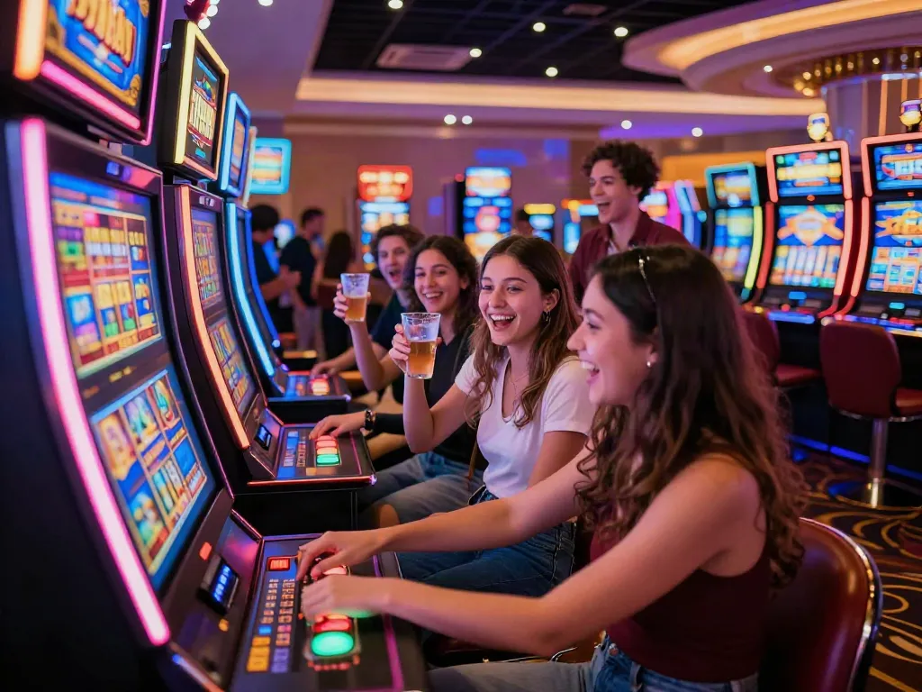 Exciting casino scene with diverse players enjoying a สล็อต machine, vibrant lights reflecting the thrill.