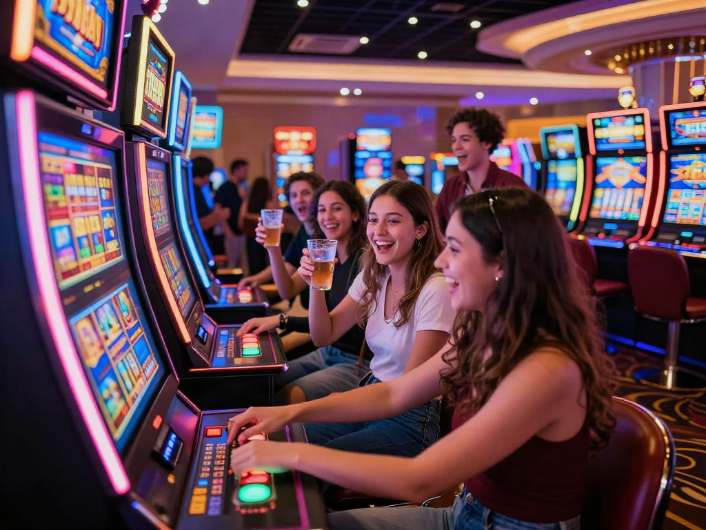 Exciting casino scene with diverse players enjoying a สล็อต machine, vibrant lights reflecting the thrill.