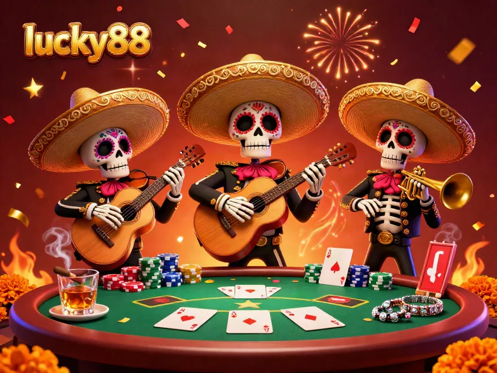 Experience the vibrant energy of lucky88 with mariachi band members at a lively poker scene.
