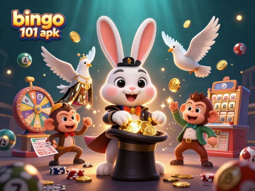 Join the fun with bingo 101 apk as a magician rabbit conjures prizes in a vibrant gaming scene.