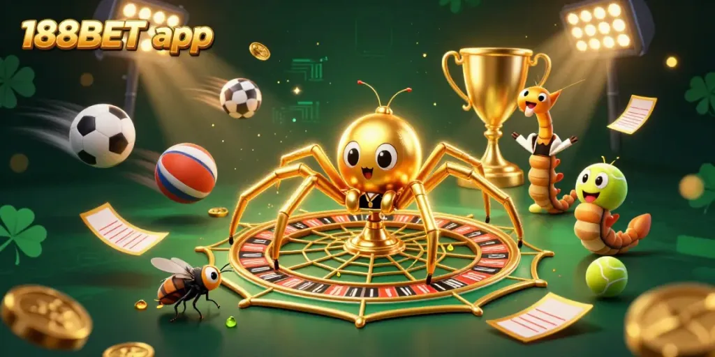 Engage with the vibrant 188BET app through an exhilarating scene of a 3D spider spinning a roulette wheel in a dynamic casino atmosphere.