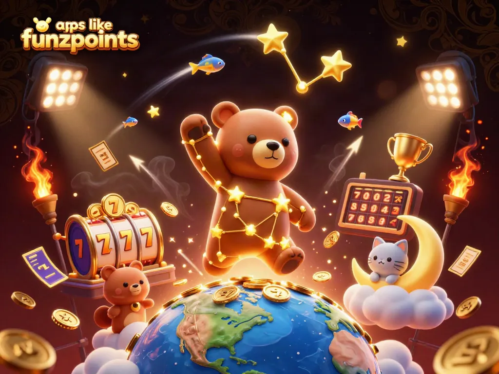 Experience fun gaming with apps like Funzpoints, featuring a vibrant 3D casino scene filled with slots and rewards.