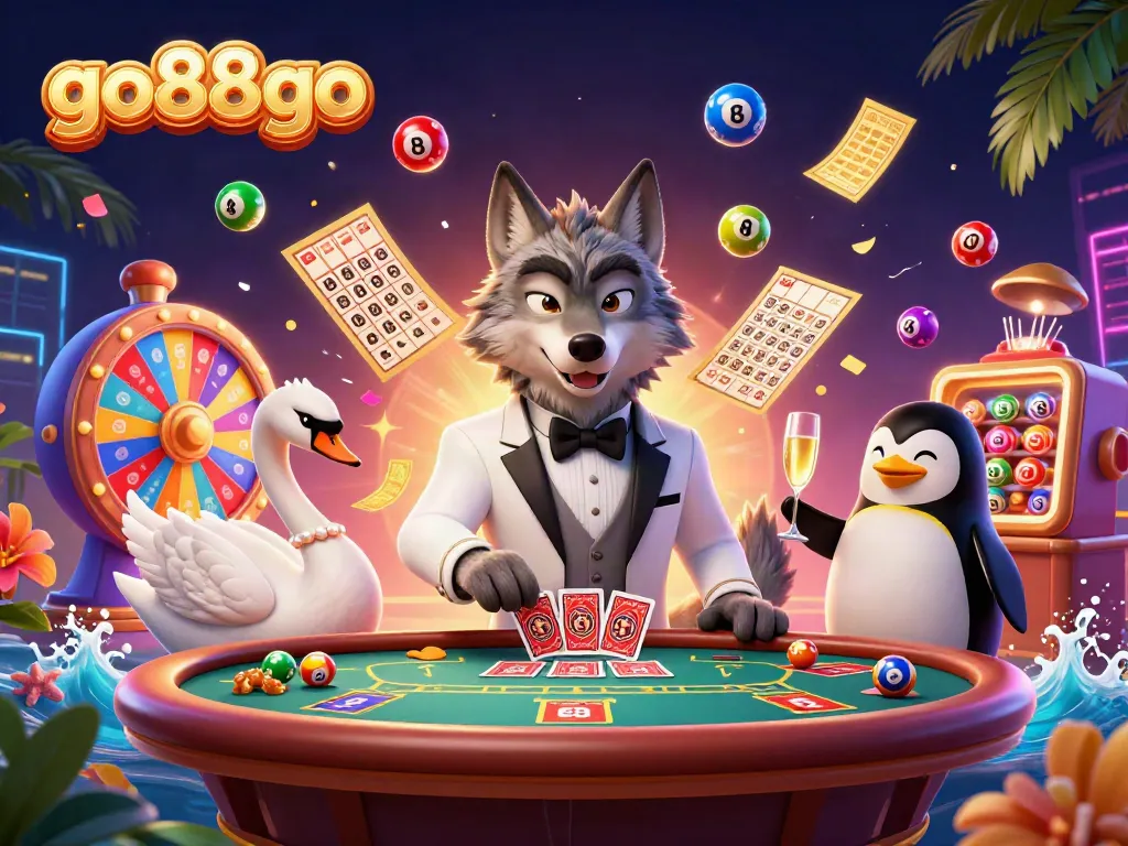 Enjoy exciting gameplay at go88go with cards dealt by a stylish swan, surrounded by colorful game elements.