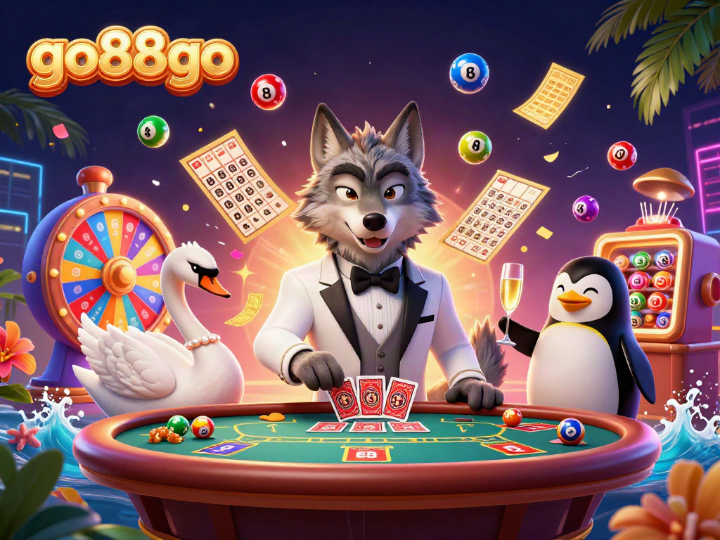 Enjoy exciting gameplay at go88go with cards dealt by a stylish swan, surrounded by colorful game elements.