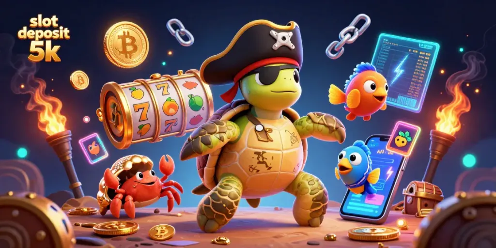 Engage in thrilling slot action with slot deposit 5k showing a pirate turtle and treasure in a vibrant casino scene.