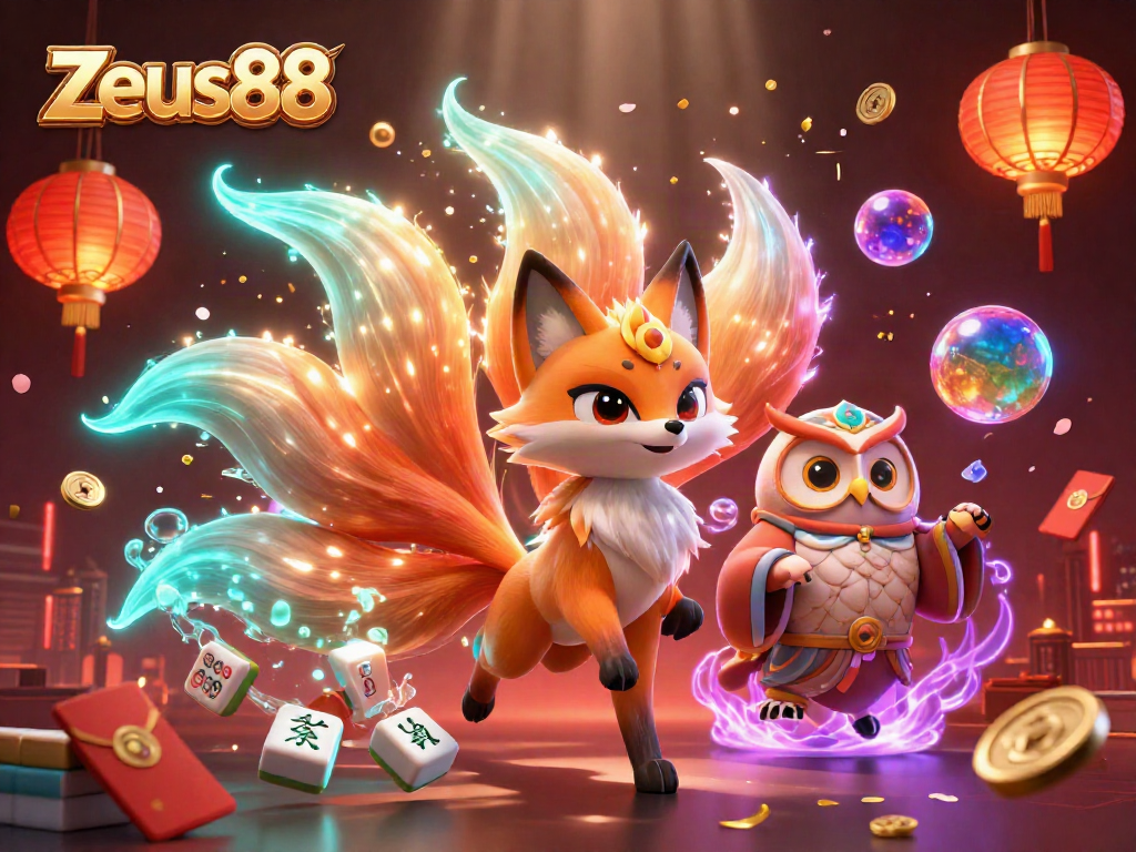 Engage with Zeus88’s vibrant 3D gaming scene featuring a colorful nine-tailed fox and owl.