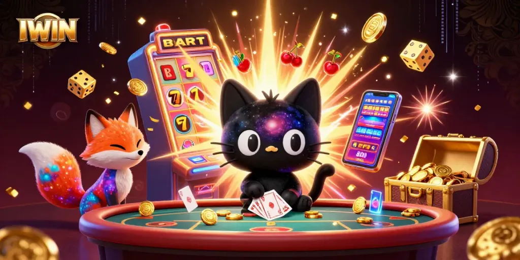 IWIN universe: A cosmic cat pulls in chips amidst a vibrant casino explosion and colorful gaming elements.