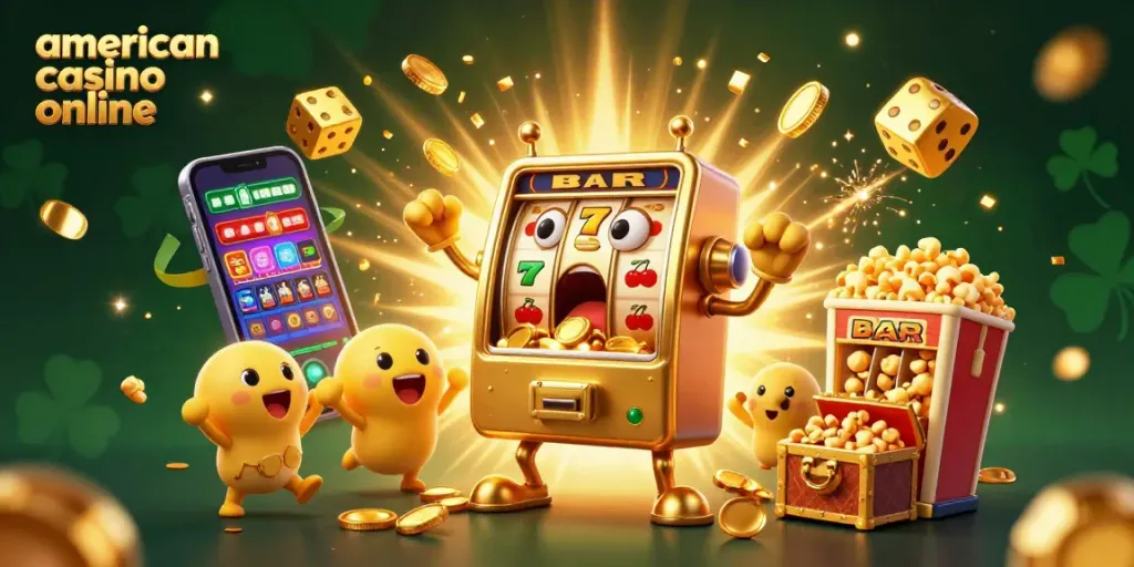 Enjoy the excitement of the american casino online as slot machines celebrate big wins surrounded by vibrant game elements.