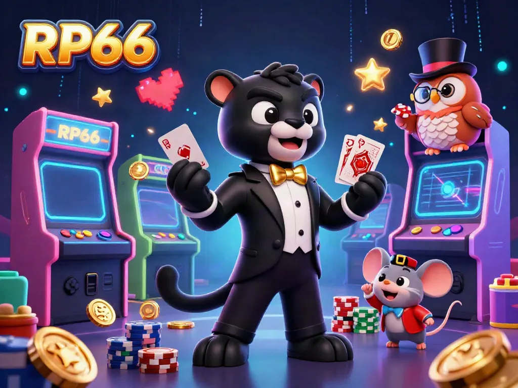 Engage with the vibrant RP66 casino scene featuring a stylish panther, an owl, and a lucky mouse amid lively gaming elements.