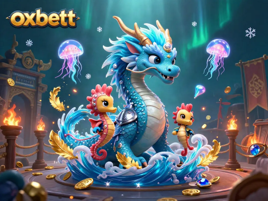 Immerse in oxbett’s vibrant gaming world with a majestic azure water dragon, seahorse knight, and glowing jellyfish in an oceanic fantasy.