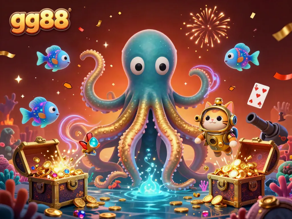 Experience thrilling moments at gg88 with a kraken and diving cat exploring underwater treasures.