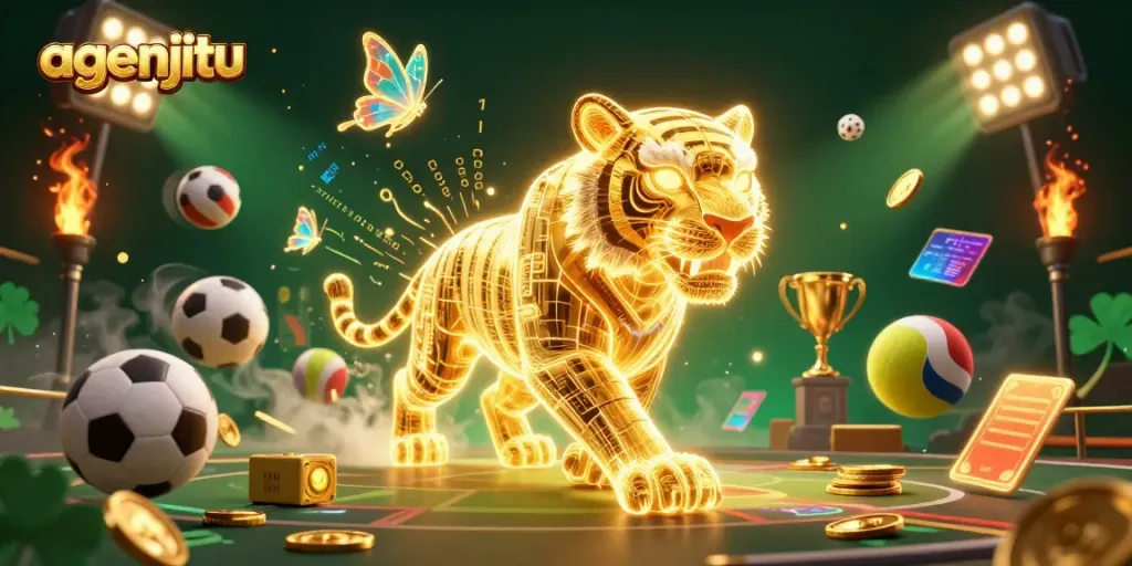 Gambarkan agenjitu dengan harimau emas bercahaya bermain di kasino digital berisi elemen taruhan