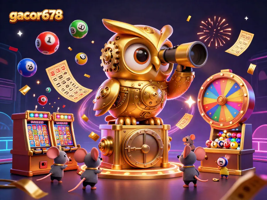 Engage with gacor678 in this vibrant 3D casino scene featuring a whimsical owl and lively slot atmosphere.