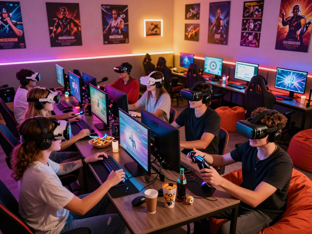 Group enjoying porngames in a vibrant gaming lounge, showcasing VR excitement and social interaction.
