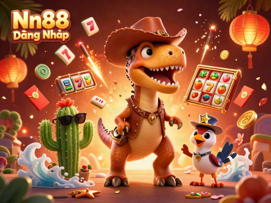 Nn88 Đăng Nhập with a vibrant scene of a cowboy dinosaur, cactus, and roadrunner in a packed casino setting.
