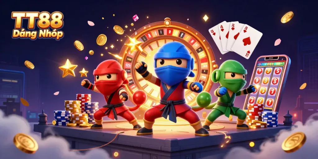 Enjoy a thrilling moment with TT88 Đăng Nhập featuring ninja chameleons and dynamic casino elements.