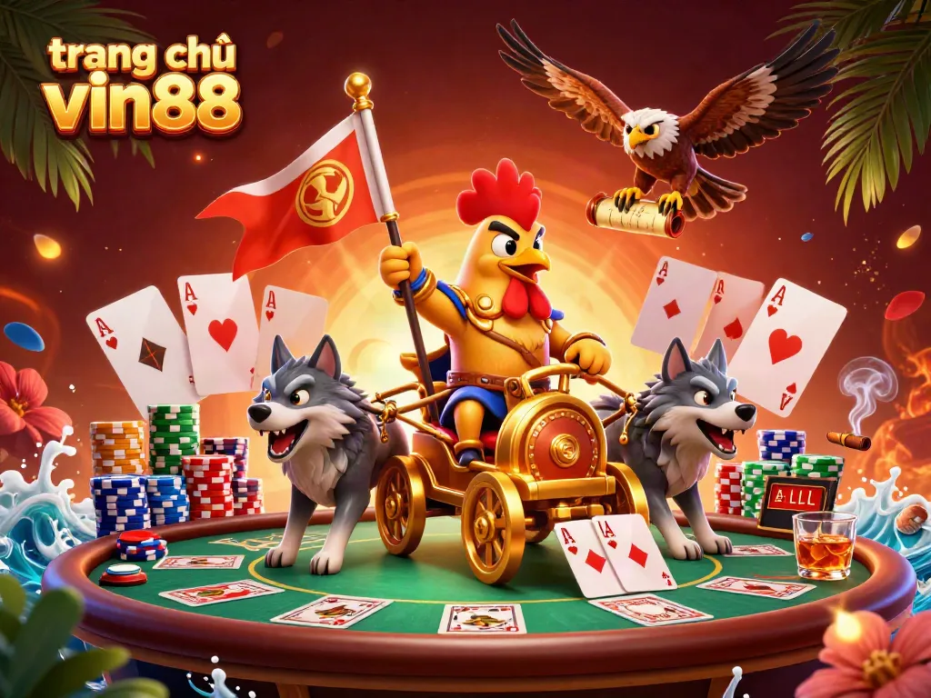 Engage in excitement at trang chủ vin88 with a dynamic 3D casino illustration featuring a rooster warlord.