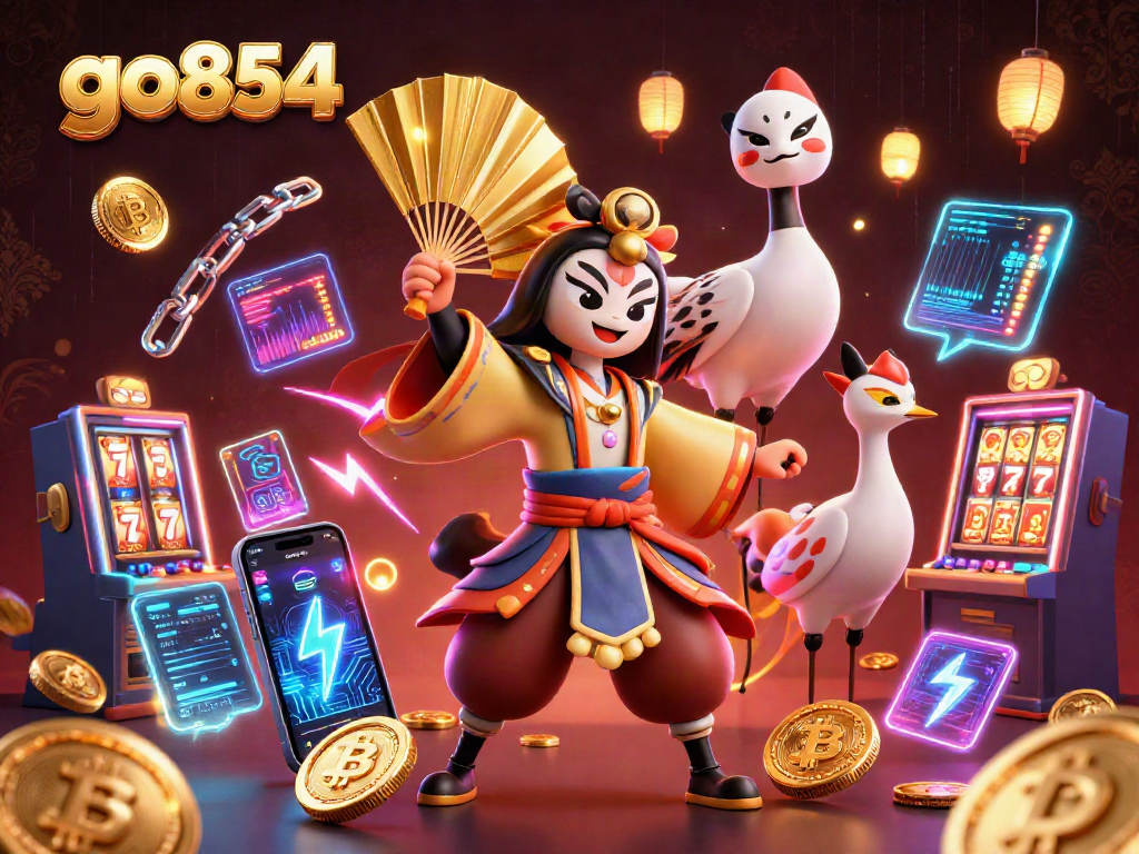 Engage with go854's vibrant casino world featuring slot machines and crypto elements.