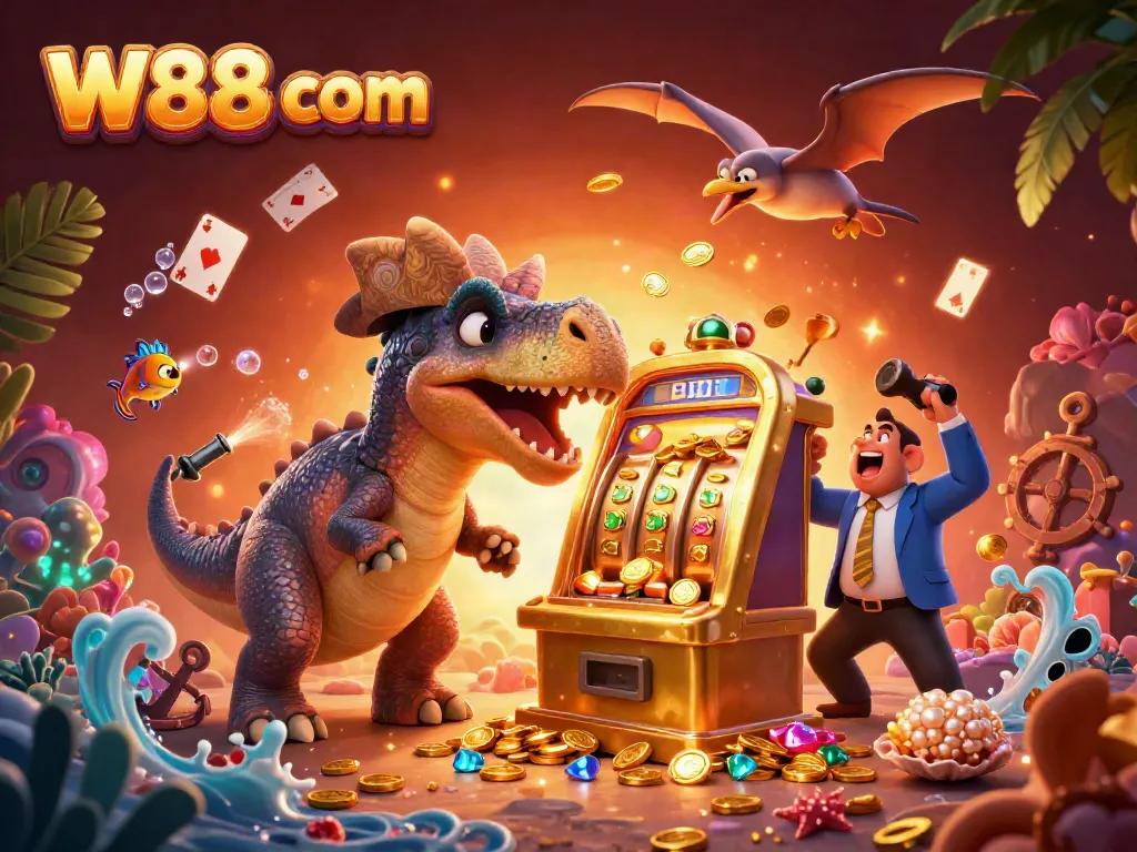 Experience big wins at W88 com with a vivid 3D illustration of casino excitement featuring playful dinosaurs.