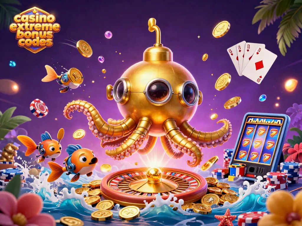 Catch the excitement of casino extreme bonus codes with this vibrant 3D illustration featuring a golden kraken submarine and mechanical fish among swirling coins.