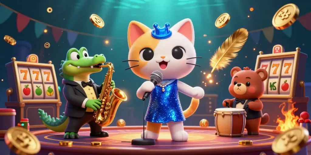 Gim "Slot Zeus" yang menampilkan kucing penyanyi jazz dan karakter lainnya di panggung kasino