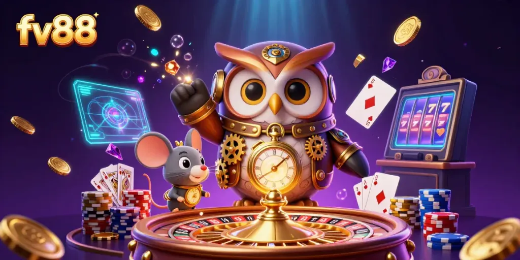 fv88 transports players into an immersive 3D casino realm filled with animated characters and vibrant gaming elements.