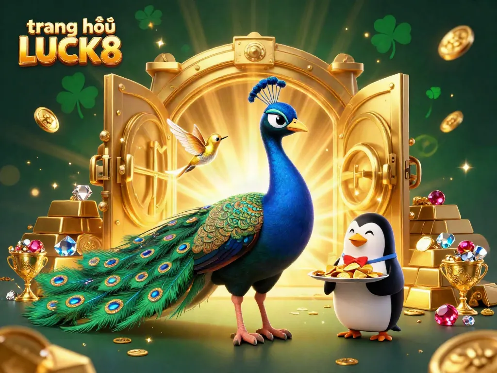 Experience the vibrant atmosphere of trang chủ LUCK8 with a 3D illustration featuring a peacock, butler penguin, and hummingbird amidst a treasure scene.