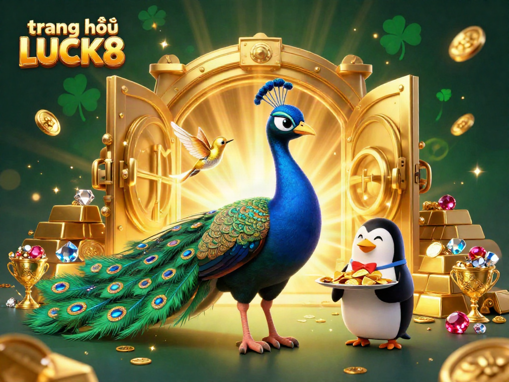 Experience the vibrant atmosphere of trang chủ LUCK8 with a 3D illustration featuring a peacock, butler penguin, and hummingbird amidst a treasure scene.