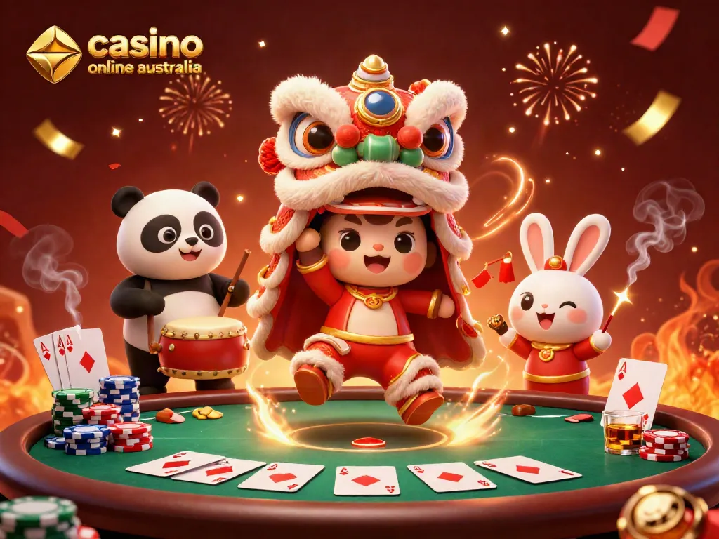 Engaging scene highlighting a festive lion dance amidst poker elements for casino online australia.