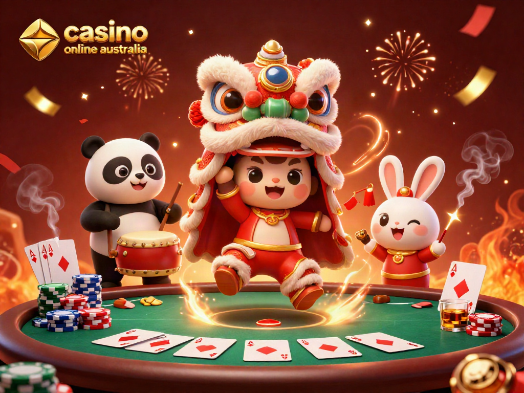 Engaging scene highlighting a festive lion dance amidst poker elements for casino online australia.