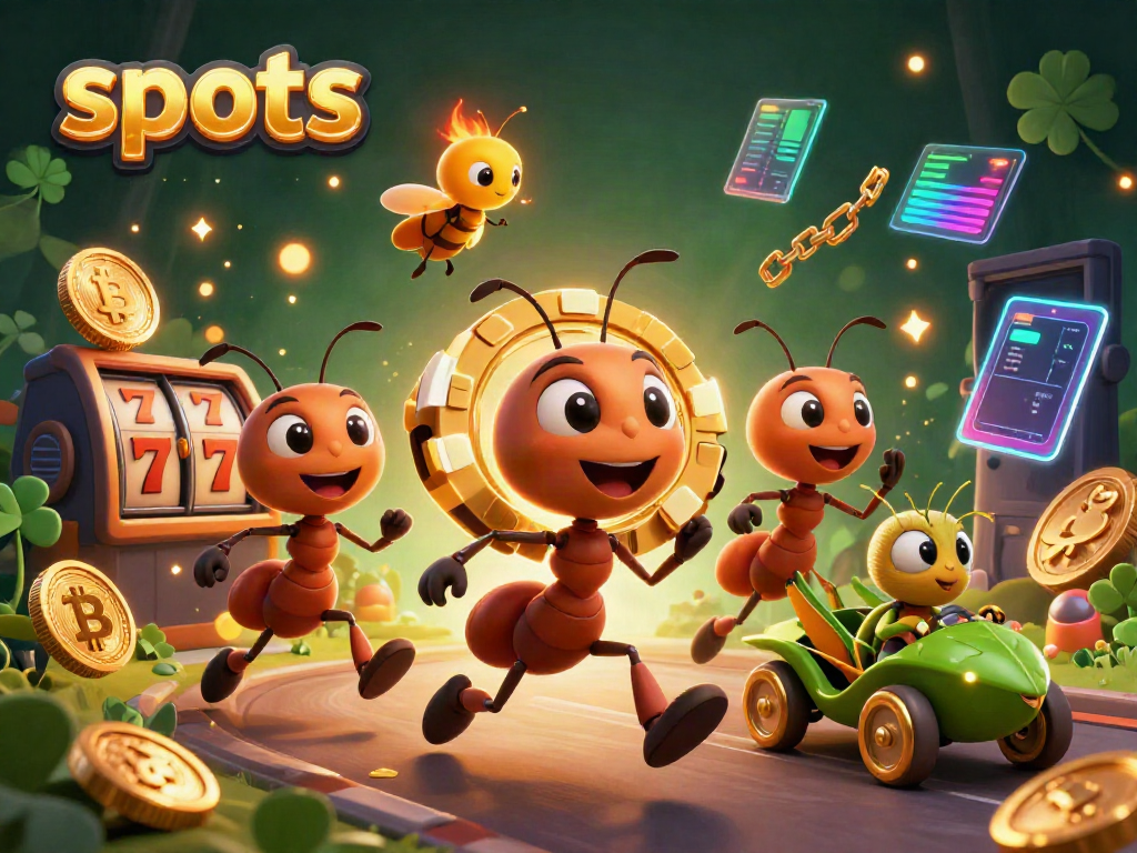 Experience thrilling slots action with a heist team of ants, shining poker chip, and vibrant casino elements.