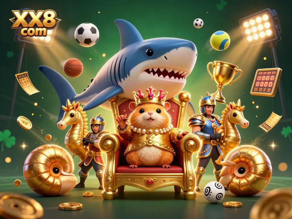 Experience thrilling wins with XX8 com in this stunning casino-themed 3D illustration featuring dynamic sports elements.