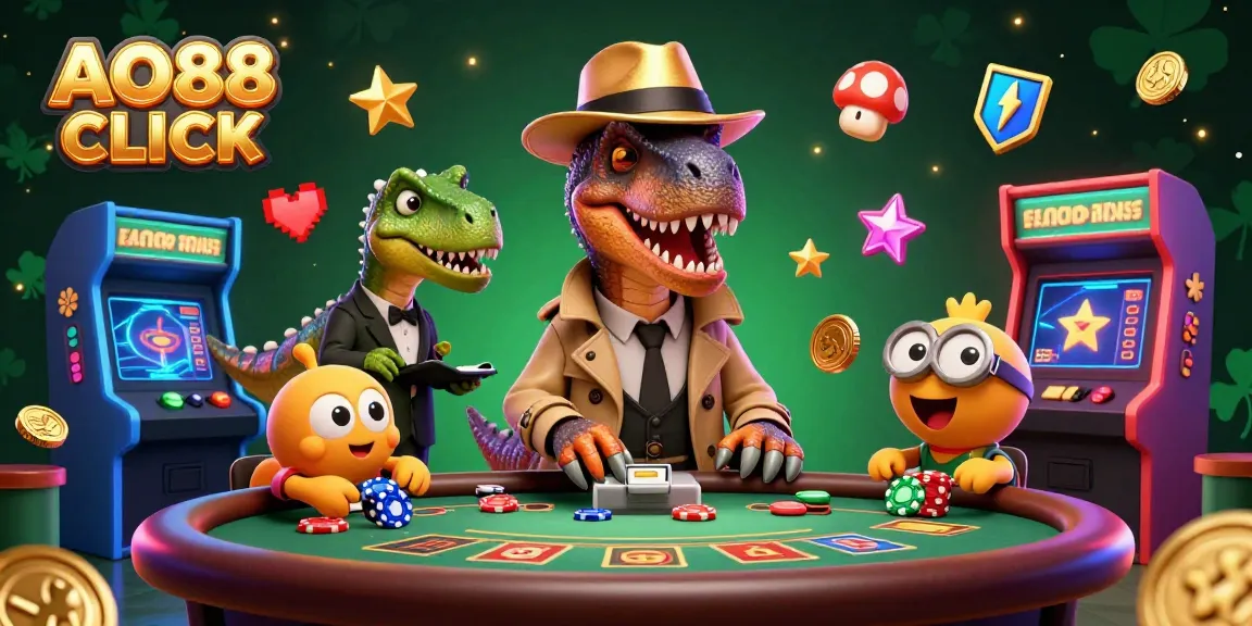 Engage with AO88 CLICK in this vibrant scene featuring a card counting velociraptor and casino elements.