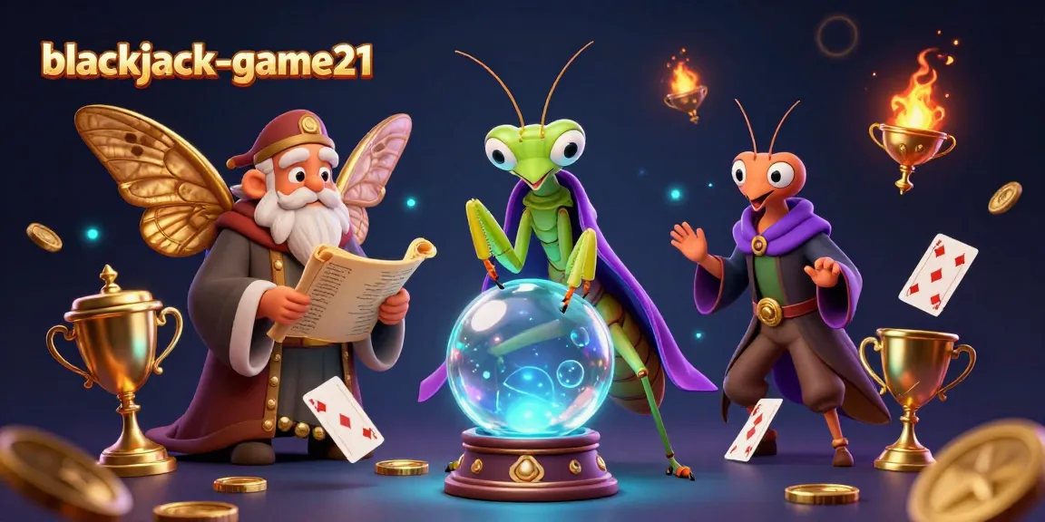 Experience the thrill of blackjack-game21 with a magical scene featuring a fortune teller, moth librarian, and vibrant casino elements.