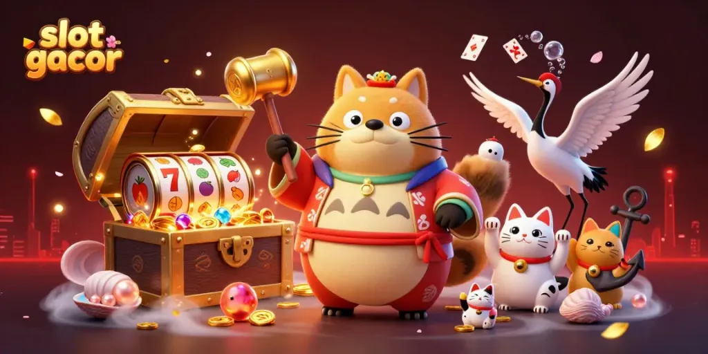 Menggoyang jackpot slot gacor dengan tanuki dan kucing keberuntungan di latar belakang