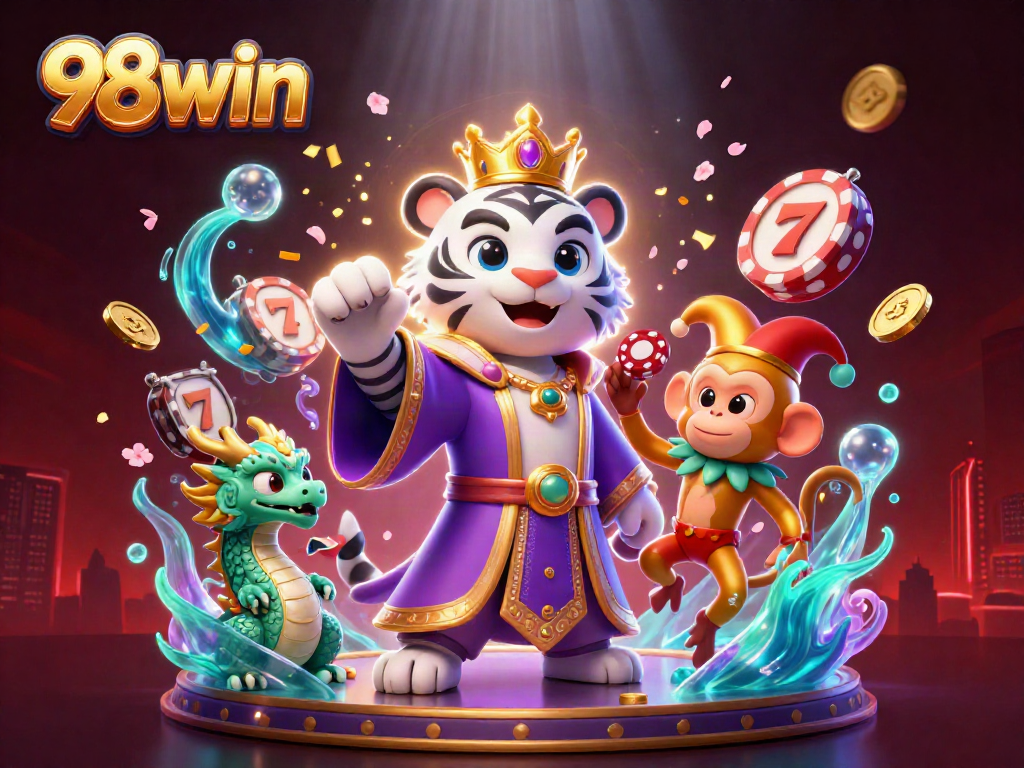 Experience the excitement of 98win as a tiger and monkey celebrate with slot reels and vibrant visuals.
