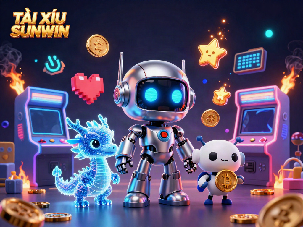 Engage with TÀI XỈU SUNWIN gameplay featuring a stylish robot mascot and holographic dragon.
