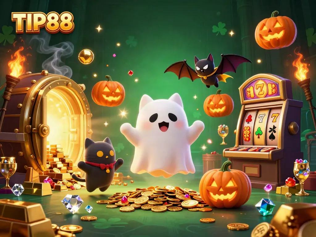 Experience the thrilling atmosphere of TIP88, featuring a ghost cat and treasures in a haunted casino.