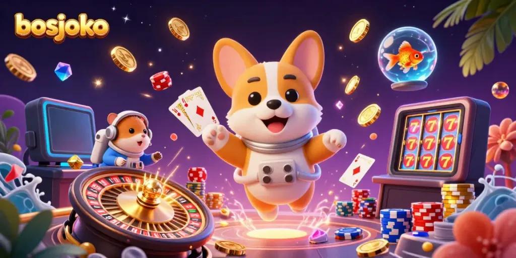 Experience exciting games with bosjoko in a vibrant space casino scene filled with floating coins and colorful poker chips.