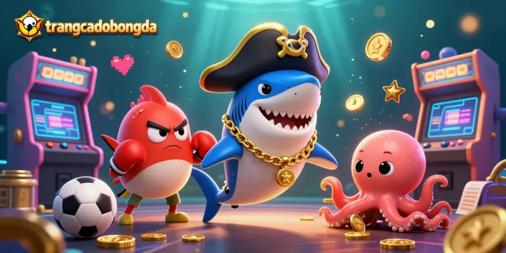 Engage in sports betting action with trangcadobongda featuring a lively cartoon shark alongside sparkling gold coins and vibrant game elements.