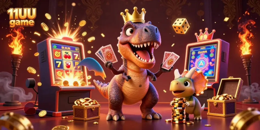 Engage in thrilling action at 11UU game with vibrant characters enjoying a casino scene filled with golden chips and jackpot symbols.