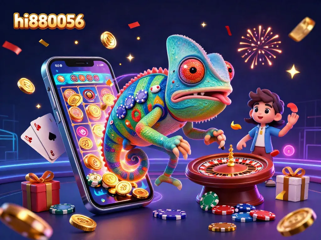 Engage with hi880056 at this vibrant casino scene featuring a colorful chameleon owner and dynamic gaming elements.